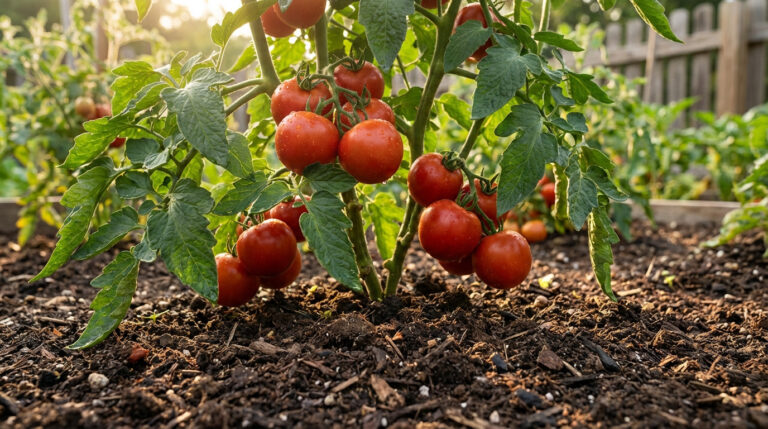Plant de tomates chargées de fruits rouges et mûrs, avec des gouttelettes d'eau, en plein jardin au soleil couchant.