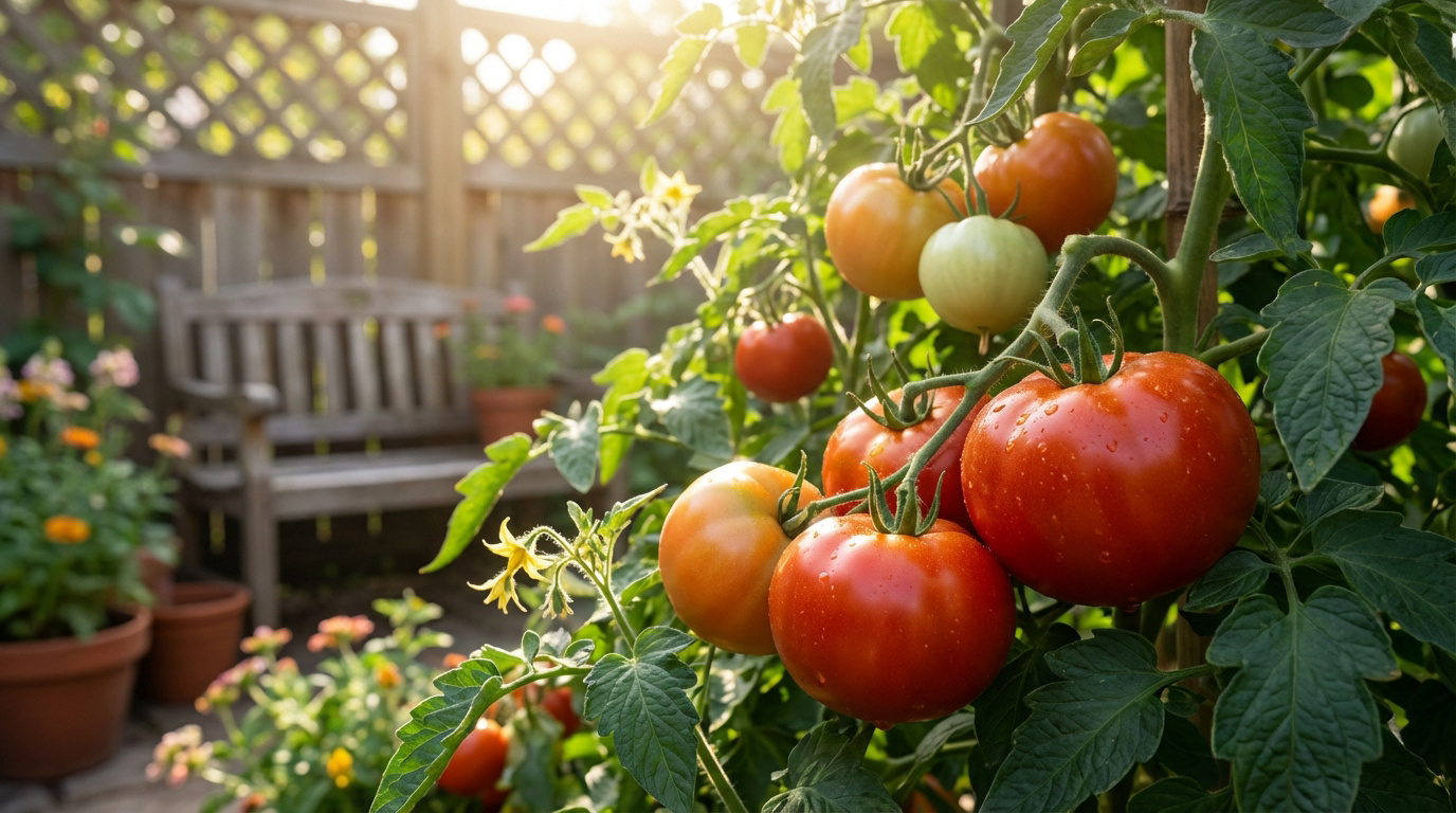 Gros plan sur des tomates mûrissantes, rouges et vertes, sur une plante dans un jardin ensoleillé avec une clôture et un banc.