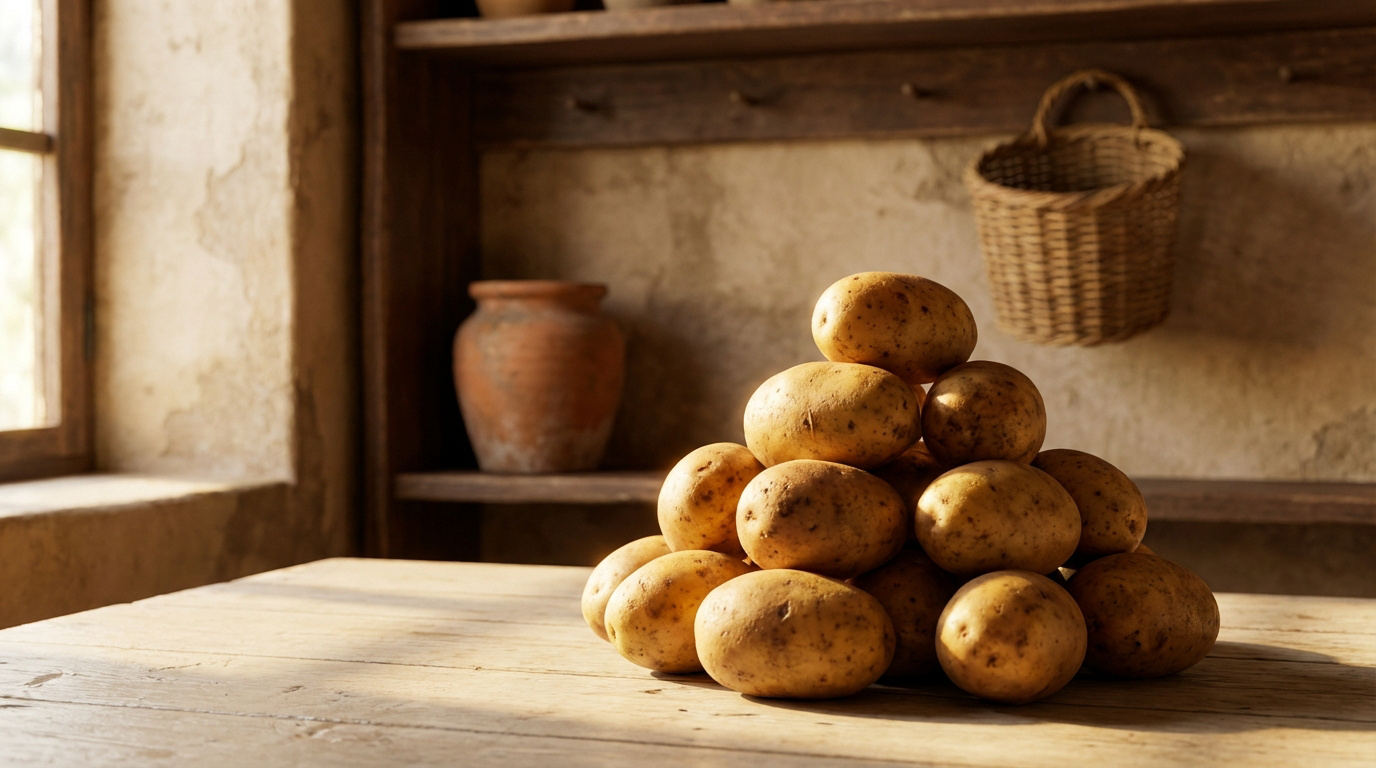 Une pyramide de pommes de terre sur une table en bois baignée de lumière naturelle. Arrière-plan rustique avec jarre et panier.